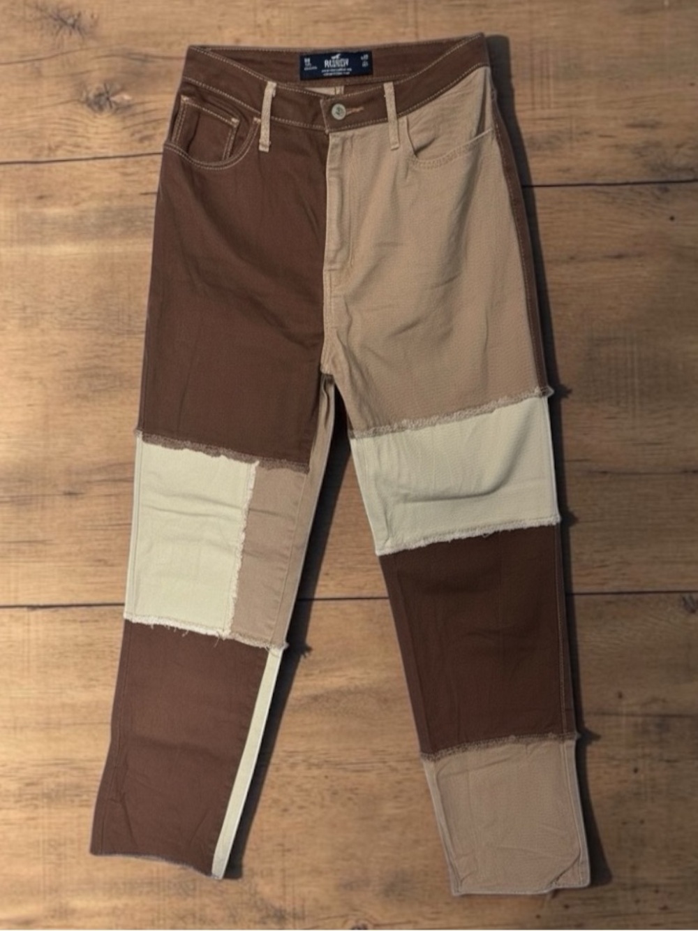5R W27 Hollister Patchwork Colorblock Dad Jeans Brown Tan Cream High Rise